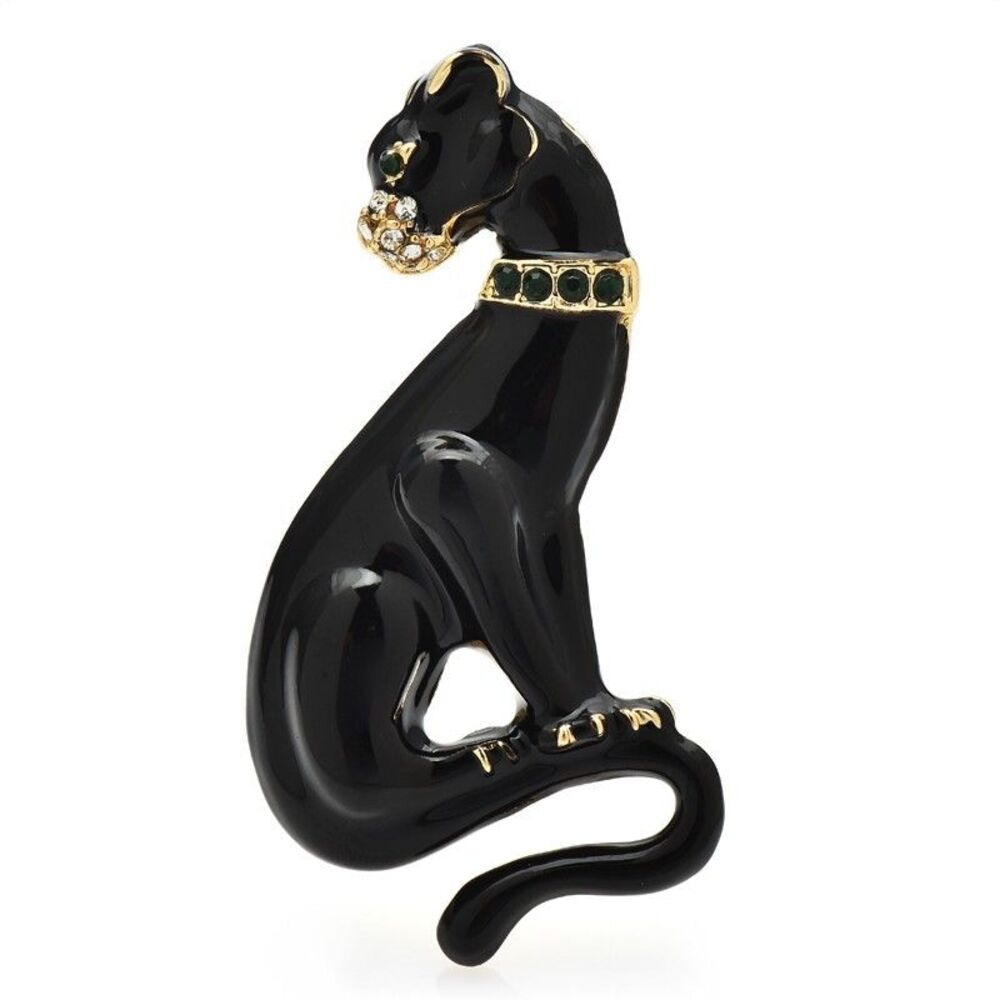 Panther Brooch Black Enamel Rhinestone Cat Pin Jewelry Gift - Picture 3 of 3